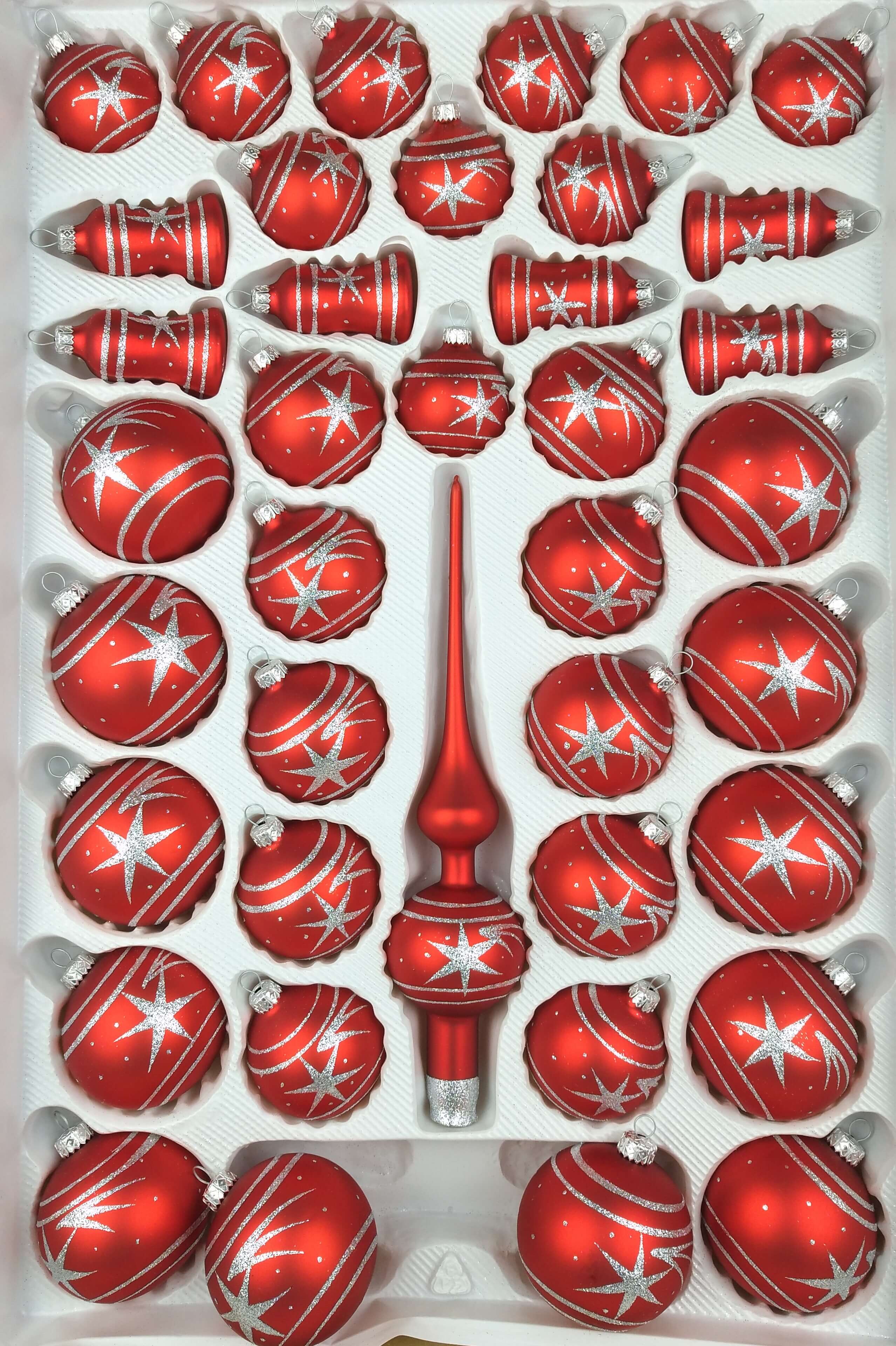 39 tlg. Glas Weihnachtskugeln Set in „Classic Rot Silber“ Komet