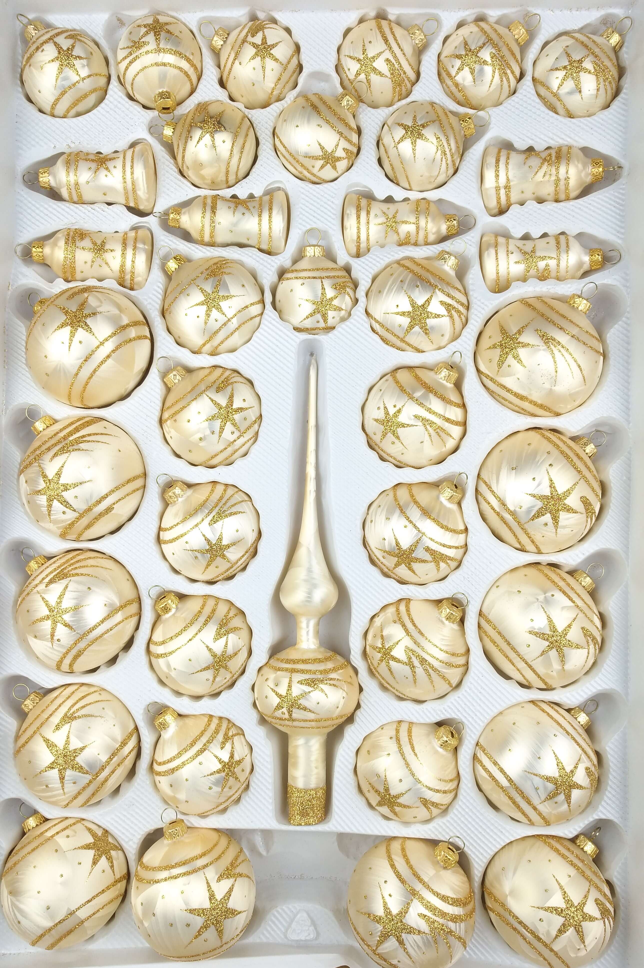 6 tlg Glas-Zapfen Christbaumkugeln Set in „Ice Champagner Gold“ Komet