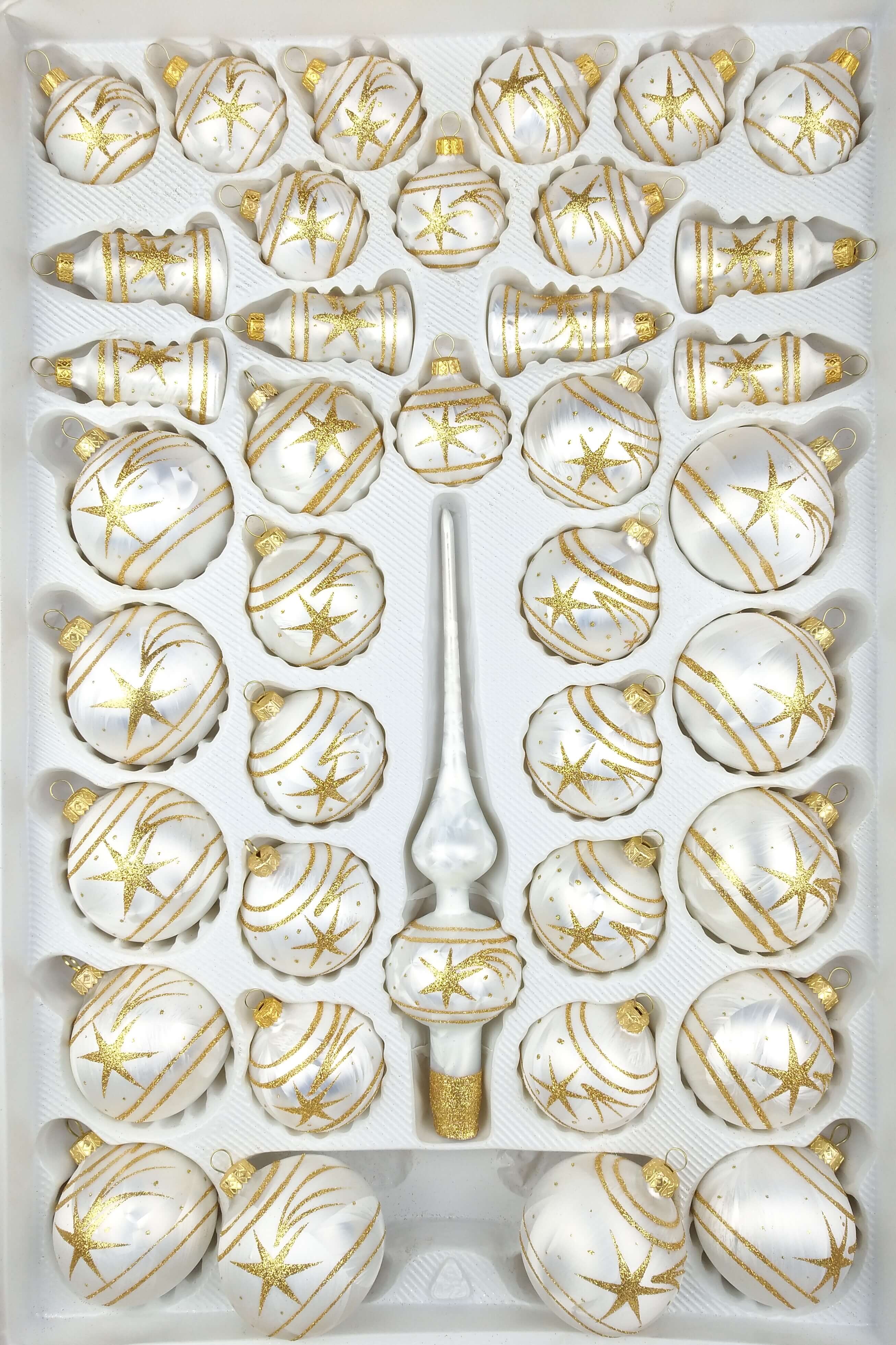 39 tlg. Glas Weihnachtskugeln Set in „Ice Weiss Gold