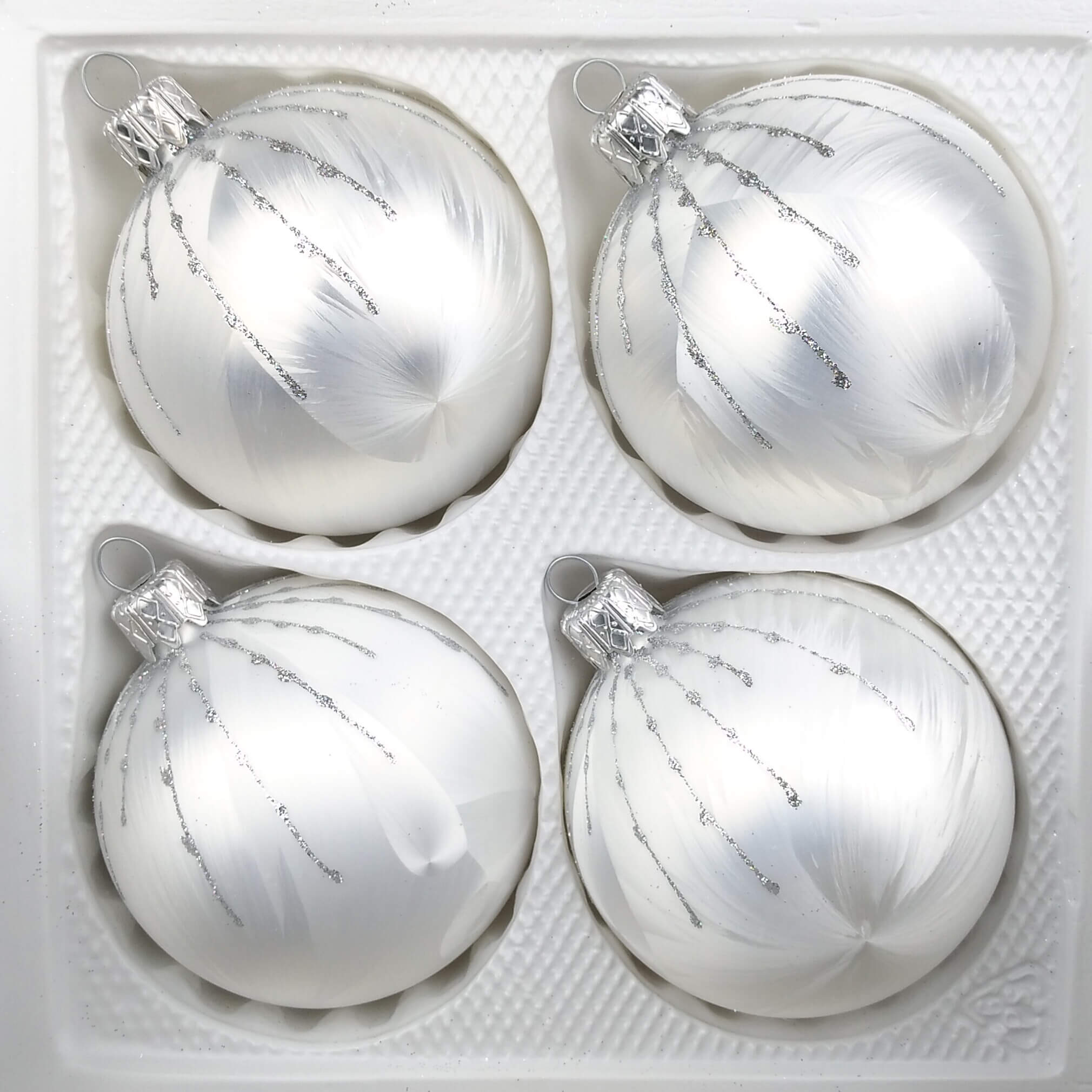 4 TLG Glas-Weihnachtskugeln Set 12cm /Ø in Ice Weiss Silber Regen Christbaumkugeln Weihnachtsschmuck-Christbaumschmuck 12cm Durchmesser