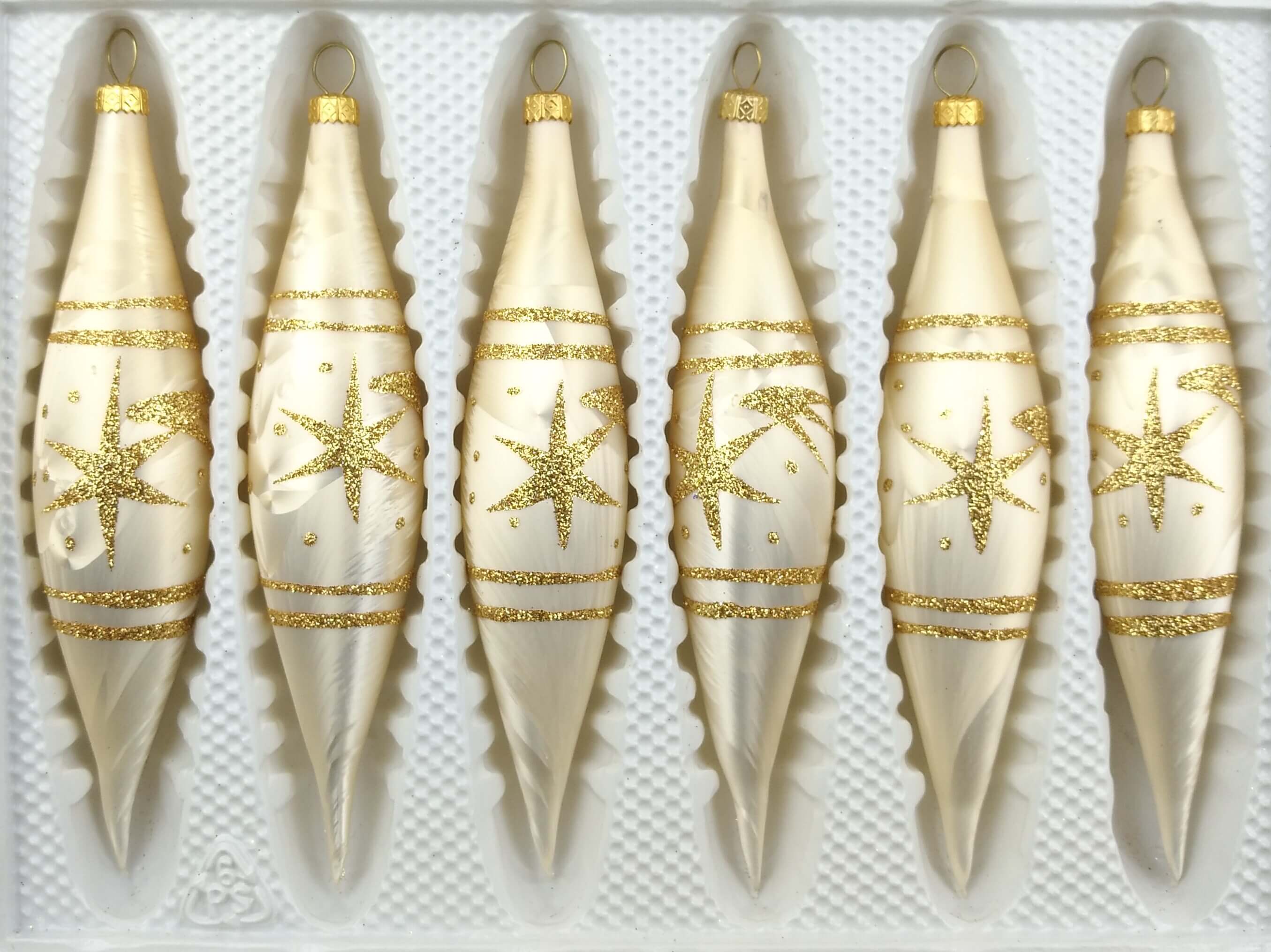 6 tlg Glas-Zapfen Christbaumkugeln Set in „Ice Champagner Gold“ Komet