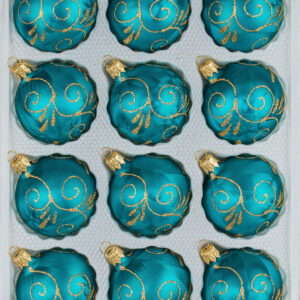 12 tlg. Glas-Weihnachtskugeln Set in "Ice Petrol-Türkis Goldene Ornamente"