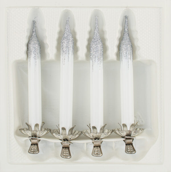 4 Baumkerzen aus Glas mit Clip Halter Candles Candle Hochglanz Weiss Highgloss White Christbaumkerzen Christbaumschmuck