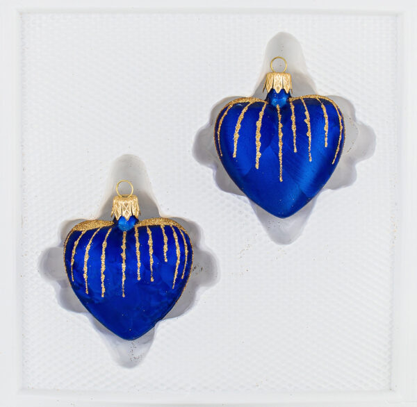 2 tlg. Glas-Herzen Set in "Ice Royal Blau Gold" Regen - Christbaumkugeln - Weihnachtsschmuck-Christbaumschmuck