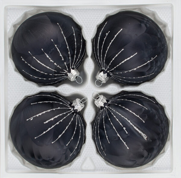 4 echtGlas Weihnachtskugeln Christbaumkugeln Christmas Balls "Ice Schwarz Silber" Regen Black Silver