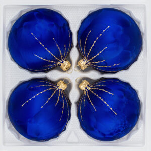 4 tlg. Glas-Weihnachtskugeln Set 10cm Ø in "Ice Royal Blau Gold" Regen