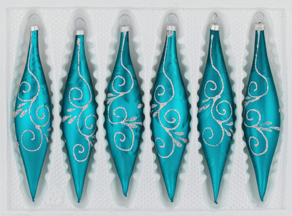 6 tlg. Glas-Zapfen Set in "Ice Petrol-Türkis Silberne Ornamente"
